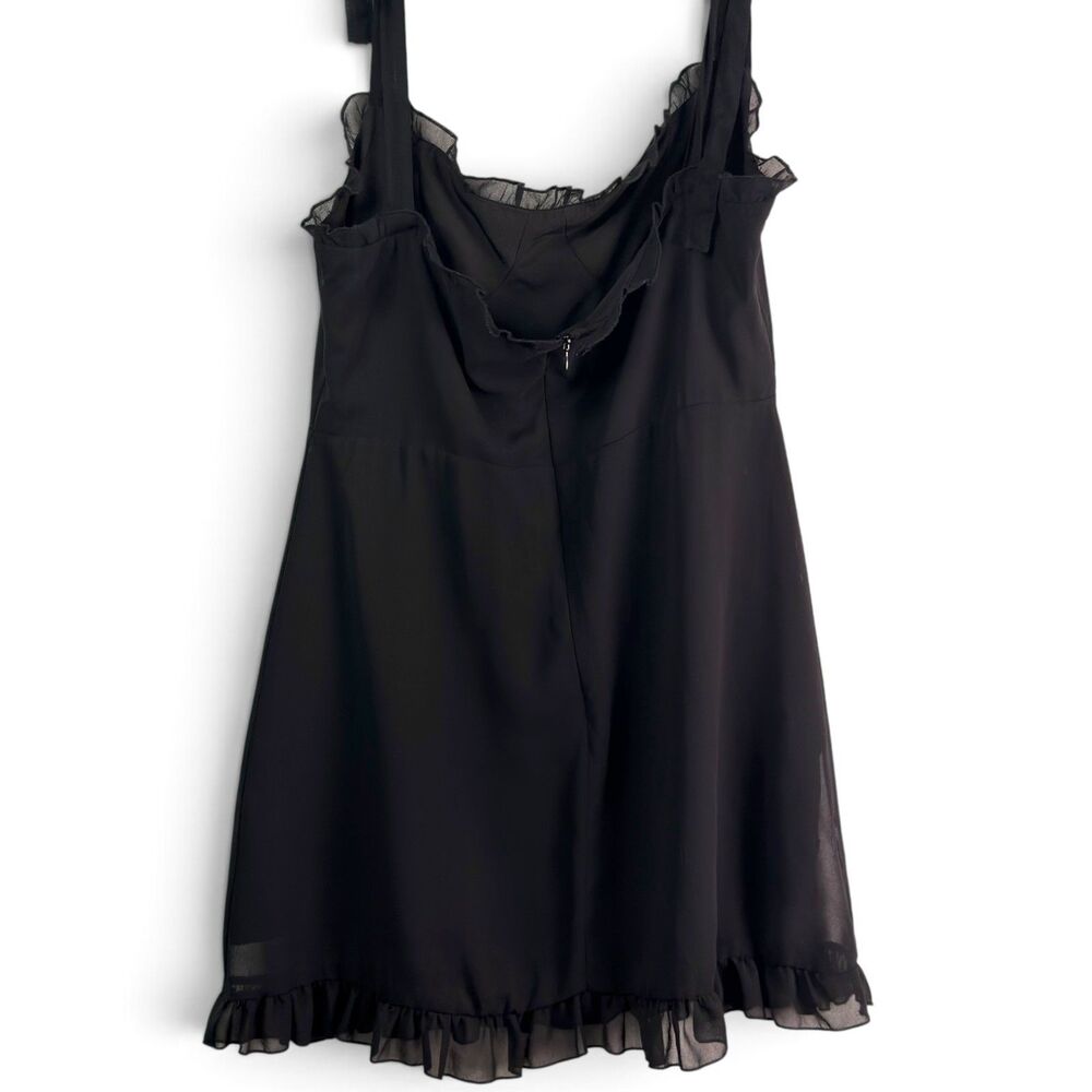 black mini dress sz l ruffle trim tie straps corset bust sheer hem goth coquette - Picture 2 of 8